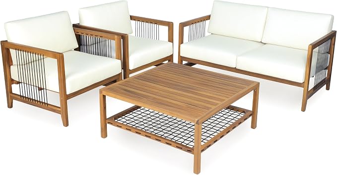 Christopher Knight Home 4 Piece Acacia Wood Outdoor Patio Sofa Set with Black Rope Accents Water Resistant Cushions Teak Finish Conversation Set for Backyard Garden Poolside