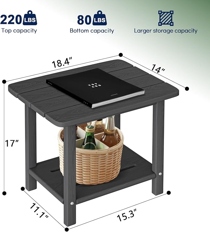 nevilywood 2-Tier End Table, Outdoor Adirondack Side Tables, Whether resisted HDPE, Wood Texture - Poolside, Patio,Lawn & Grey