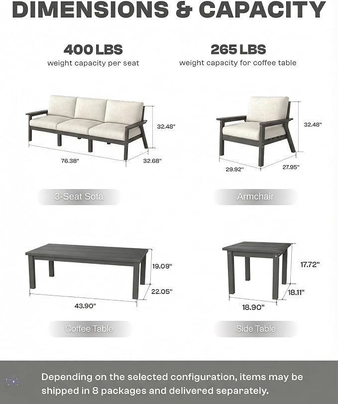 HDPE Patio Furniture Set 5 Seats with Cantilever Umbrella, Outdoor Couch with Washable Thick Beige Cushions & Tables, Outdoor Sectional Furniture for Deck, Lawn, Porch (Gray Frame)