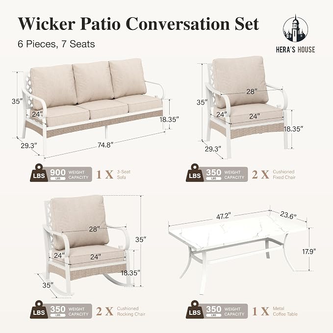 HERA'S HOUSE 6 Piece Metal Patio Furniture Set, All Weather Outdoor Conversation Set with 3-Seat Sofa, 2 Rocking Chairs, 2 Fixed Chairs & Coffee Table, 7 Seats for Backyard, Garden, Deck, White/Beige