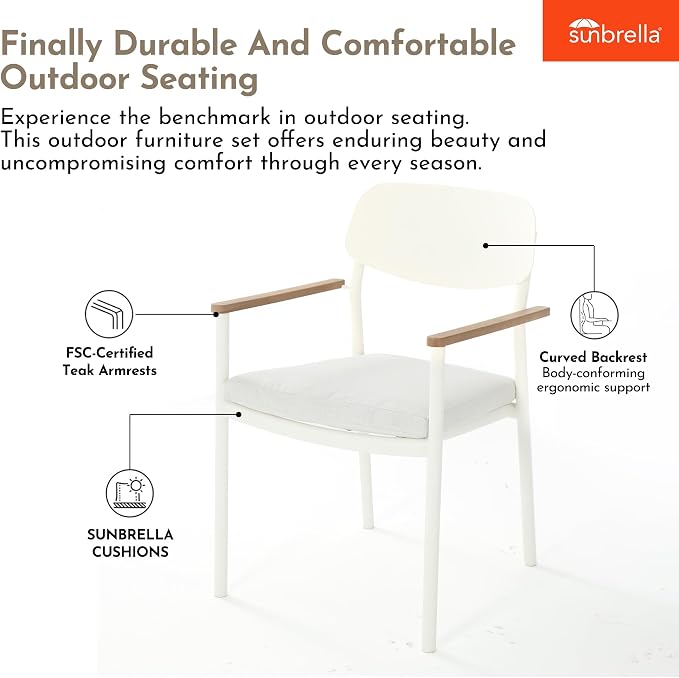 Modern Shade Luxury Outdoor Dining Set for 7, Outdoor Table and Chairs Set with Fade Resistant Cushions & FSC Teak, Premium Aluminum Patio Table and Chairs Set for Elegant Outdoor Living, White
