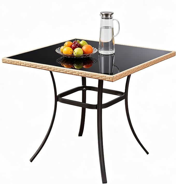 AECOJOY Outdoor Patio Dinning Table for 4, 35.2" Square Rattan Patio Outdoors Tables with Glass Tabletop Rectangular Metal Frame All Weather-Resistant Dining Desk for Lawn Backyard Garden Porch