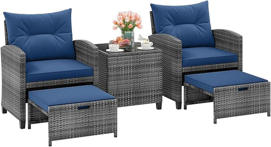 HAPPYGRILL 5-Piece Outdoor PE Rattan Conversation Set, Wicker Patio Furniture Set with Cushion, Ottoman & Coffee Table for Backyard Garden Poolside Lawn Deck Porch (Mix Grey & Navy)