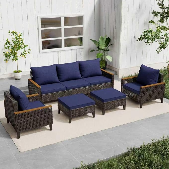 7 Piece Patio Sectional Sofa Furniture Set, All-Weather Wicker Rattan Outdoor Conversation Set with High Back and Hick Cushions, for Garden, Porch, Poolside, Blue