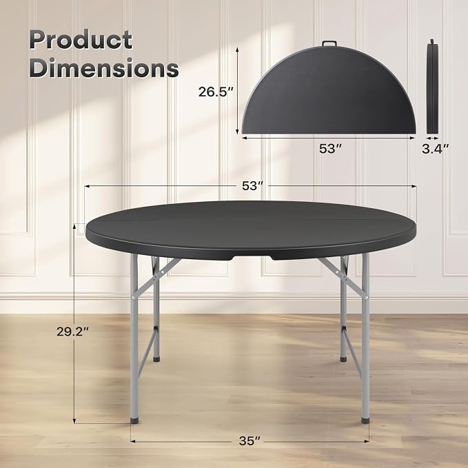 Athena Collection 4.5ft Folding Square Plastic Table, Modern Black Dining Table with Handle, 54" Diameter, 29.5" Height, Indoor/Outdoor Use