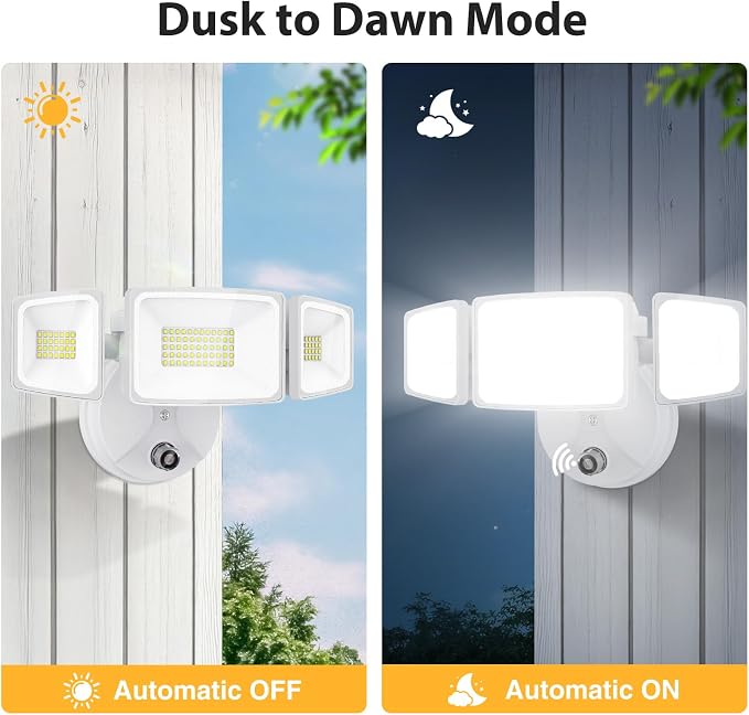 Onforu 80W LED Dusk to Dawn Flood Lights,8000LM White Exterior Security Outdoor Lighting,IP65 Waterproof Outdoor 3 Adjustable Heads Photocell Light Fixture,6500K Floodlight for Garage,Patio,Yard