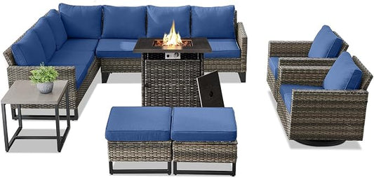 Belord Patio Sectional Furniture Set with Fire Pit Table: 8 Pieces Wicker Patio Conversation Set with L Shaped Sofa, Outdoor Swivel Glider Rocker, Rattan Ottomans, Removable Cushions Blue