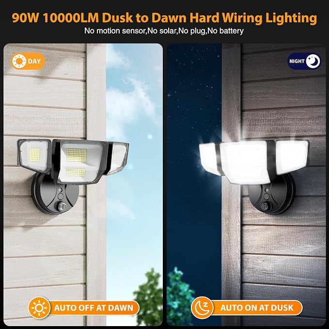 Onforu 90W Dusk to Dawn Outdoor Lighting,10000lm Flood Lights Outdoor,IP66 Waterproof Black LED Security Light with Photocell,6500k Daylight 4 Adjustable Heads Exterior Light Fixture for Yard,Garden