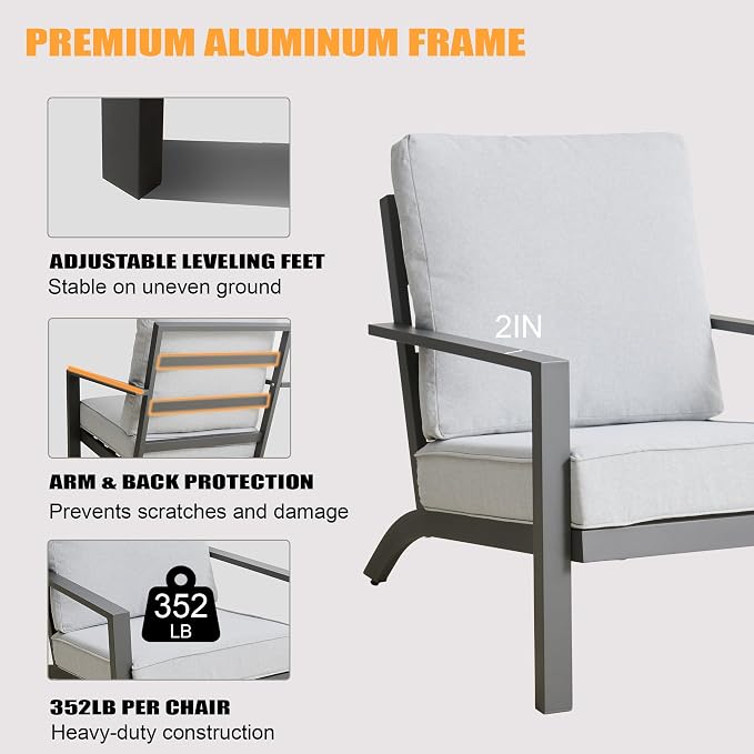 Aluminum Patio Furniture Set With Height-Adjustable Coffee Table, 4-Piece Patio Lounge Set With 5-Inch Washable Thickened Cushions, Outdoor Couch Sectional Suitable For Poolside Balconies Garden, Gray