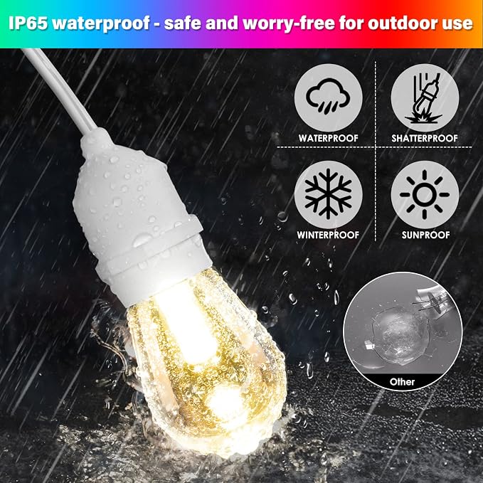Multicolor 48FT LED Outdoor Patio String Lights with Remote, White | Plug in, 8 Lighting Modes, 15+2 S14 RGB Edison Bulbs, Dimmable, Shatterproof, Waterproof, Linkable, for Wedding Birthday Yard