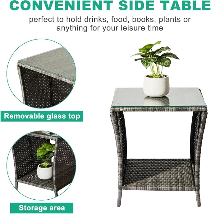 Outdoor Patio Wicker Side Table, Square End Side Table Bistro Coffee Table with Glass Top Storage Shelf for Porch Garden Backyard, Grey