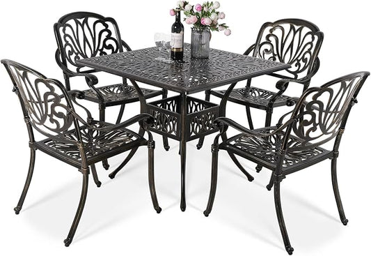 VIVIJASON 5-Piece Outdoor Cast Aluminum Patio Dining Set, All-Weather Conversation Furniture Set, Include 4 Chairs and a 35.4 inch Square Table w/Umbrella Hole for Balcony, Lawn, Garden, Backyard