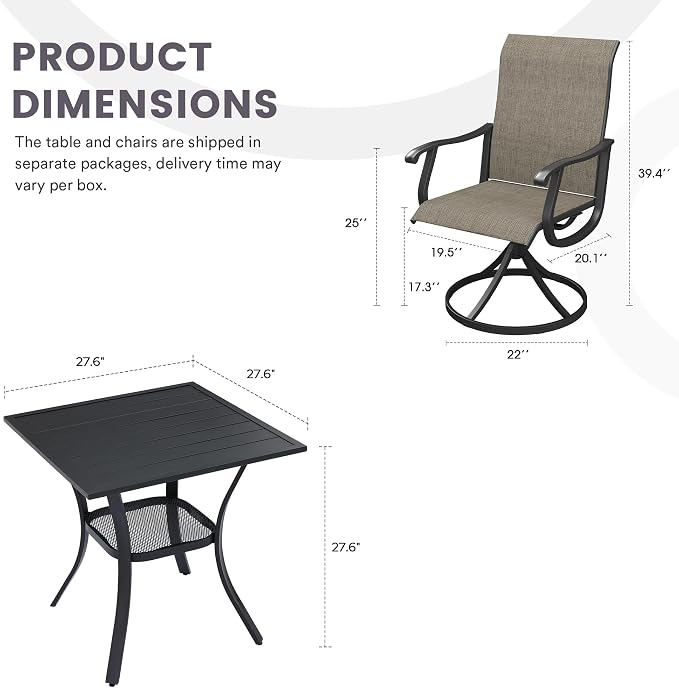 3 Pieces Patio Furniture Dining Set, 2 Textilene Swivel Dining Chairs, 28" Outdoor Square Metal Table with Storage Shelf, Outdoor Dining Set for Porch, Lawn, Garden, Black/Brown
