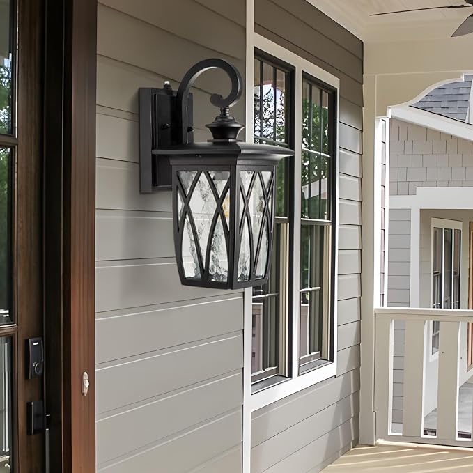 Outdoor Porch Light Wall Mount,18'' Exterior Waterproof Wall Lighting Fixtures,Wall Sconce Light with E26 Socket & Water Ripple Glass Shades, Matte Black Outside Wall Lantern for Patio Front Door