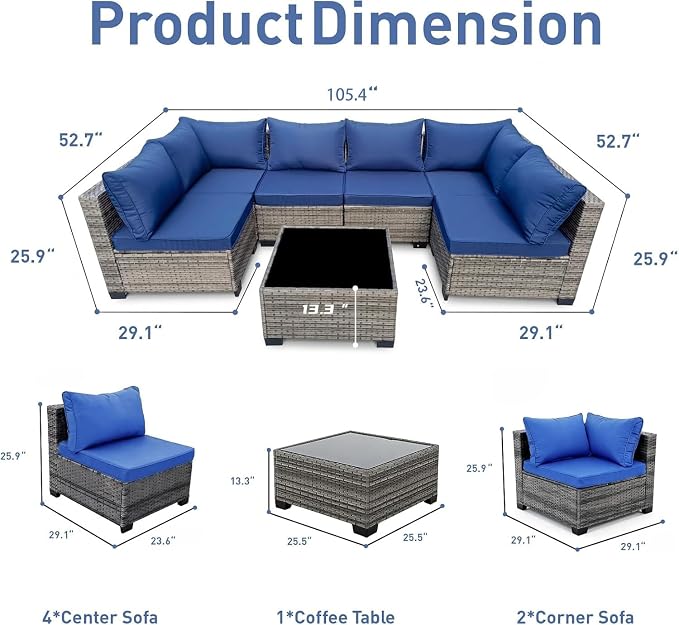 7-Piece Patio Furniture Set, Outdoor Wicker Conversation Sofa Set with Coffee Table & Extra Thick 8.5" Cushions, All-Weather Sectional for Backyard, Porch, Poolside (Navy Blue, 7PCS)