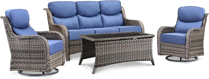 Luxury 4 Pieces Patio Furniture Set-Outdoor Swivel Rocker Patio Chairs with 6" Extra Thick Cushions, High Back Outdoor Couch and Coffee Table, Wicker Conversation Sets for Porch Deck(Grey/Blue)