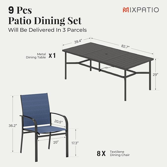 MIXPATIO 9 Pieces Patio Table and Chairs Set, Patio Dining Set for 8, 8 Textilene Chairs and 83” Rectangular Patio Dining Table with Umbrella Hole, for Deck Backyard Lawn Poolside, Blue