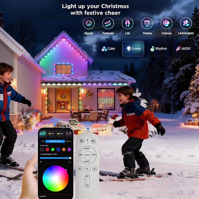 Permanent Outdoor Lights for House,100ft RGB+IC Color Eave Lights | Tunable Warm to Cool White 60lm for Daily Lighting,Super Bright, IP67 Waterproof, Alexa Google APP Remote Control