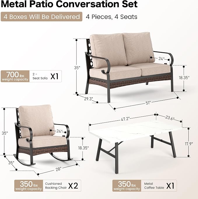 SUNSHINE VALLEY 4 Piece Metal Outdoor Patio Furniture Sets, Patio Conversation Sets 1 Loveseat, 2 Rocking Sofa with 5.75" Extra Thick Cushion and Coffee Table, Balck Frame Backyard Furniture, Beige