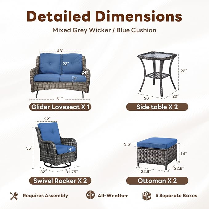 Belord 7 Piece Wicker Patio Furniture Set, Outdoor Swivel Rocker Chairs Set of 2 with Ottomans and Loveseat, All Weather Patio Conversation Furniture Set, for Pool,Yard,SunroomGray Wicker/Blue