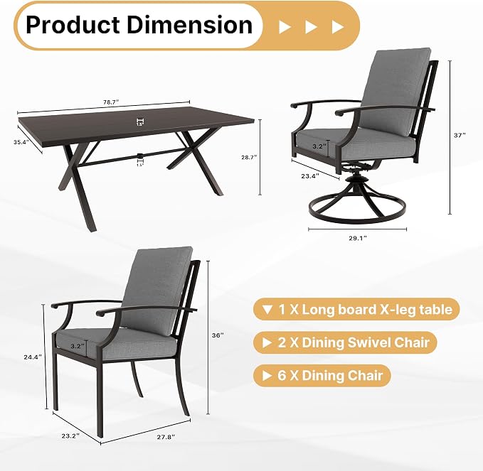 Gotland 9 Piece Outdoor Dining Set, Metal Outdoor Table and Swivel Chairs with X-Shaped Legs 1.5" Umbrella Hole, Patio Furniture Set with Waterproof Cushions, Patio Dining Sets for Backyard Deck Gray