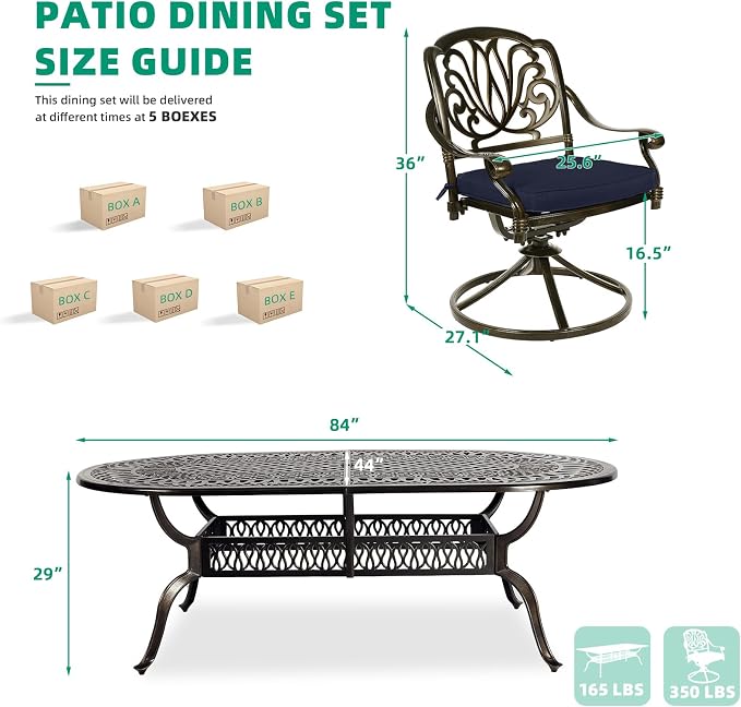 VIVIJASON 9-Piece Patio Furniture Dining Set, All-Weather Cast Aluminum Outdoor Conversation Set, Include 8 Swivel Dining Chairs and an Oval Table with Umbrella Hole, Navy Blue Cushion
