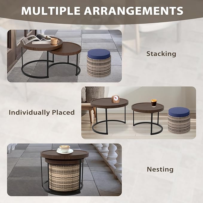 EAGLE PEAK Sunset Dune Collection Round Modern Nesting Coffee Tables, Wood Grain Top Stacking Accent Tables, Matching Ottoman, Indoor Outdoor, Set of 3, Blue