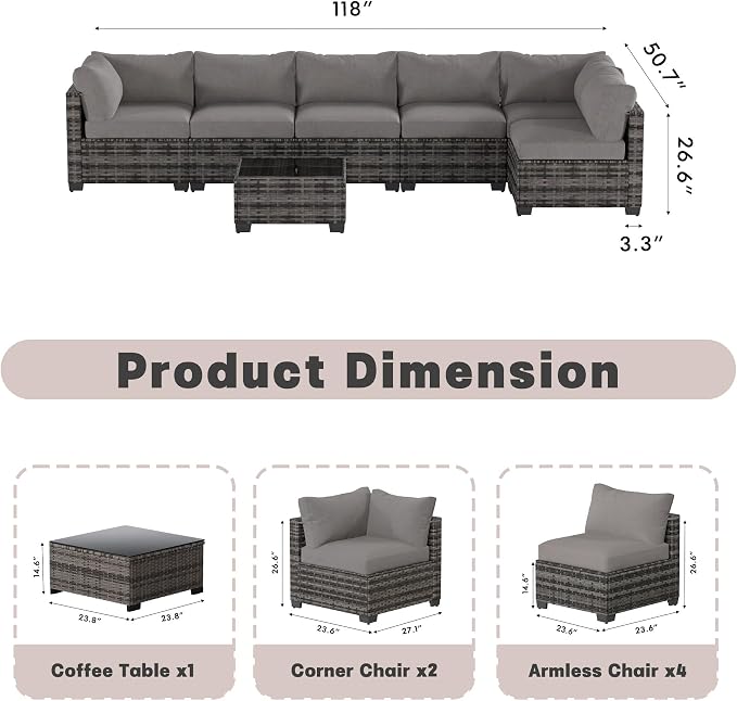 Patio Furniture Set 7 Pieces Conversation Set Wicker Outdoor Sectional Sofa,Ergonomic Armrests Couch with Cushion and Glass Table (Light Grey-Light Grey, 7 Piece-Single)