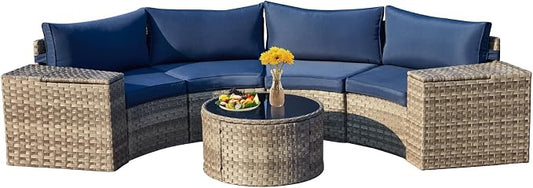 ECOTOUGE 7 Piece Outdoor Half Moon Furniture, Wicker Patio Sectional Conversation Set with 2 Storage Armrests and Circle Glass Table, Gray Rattan Curved Sofa for Garden, Balcony and Back Yard (Blue)