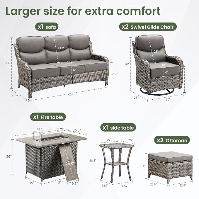 Luxury Patio Furniture Set with 6-inch Thick Cushion, Outdoor Furniture with Fire Pit Table, Swivel Chairs, Sofa, Side Table, Ottomans, 7pcs Wicker Conversation Set Grey Wicker | Grey Cushions