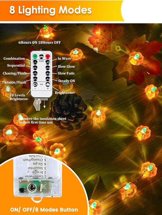 2 Pack 30LED Pumpkin Fall Decorations String Lights Battery Operated Remote | 20FT, 3D Pumpkin Fairy Twinkle Lights with Timer, 8 Modes, Waterproof Outdoor Autumn Harvest, Thanksgiving, Halloween Decor