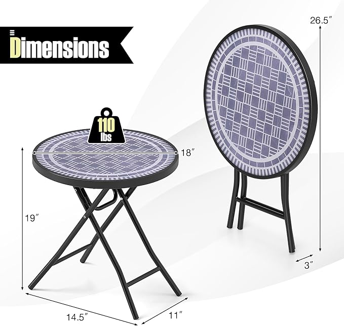Tangkula Round Folding Side Table, 18 Inch Patio Coffee Table with Tempered Glass Tabletop and Metal Frame, Indoor Outdoor Small Side Table for Yard, Balcony, Porch, Poolside (Grey,1)