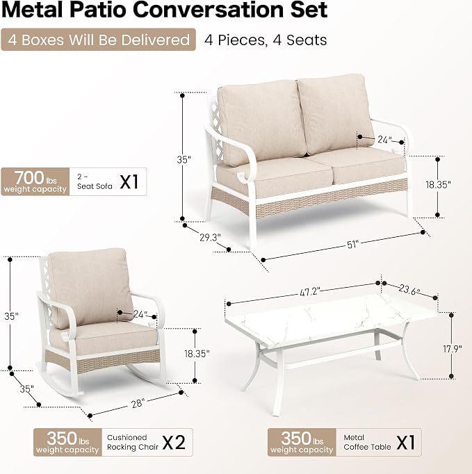 SUNSHINE VALLEY 4 Piece Metal Outdoor Patio Furniture Sets, Patio Conversation Sets 1 2-Seater Sofa, 2 Single Sofa with 5.75" Thick Cushion and Coffee Table, White Frame Backyard Furniture, Beige