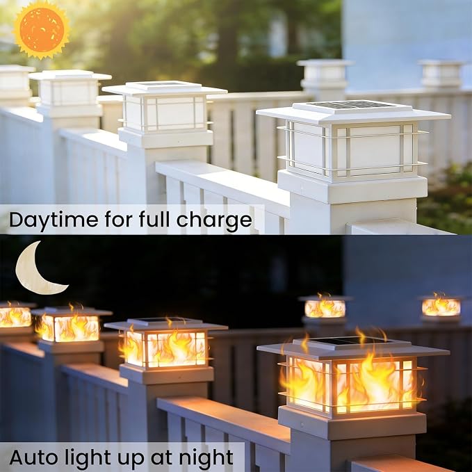 Dynaming 4x4 Solar Post Cap Lights Outdoor with Flickering Flame Light, 12 Pack White Shell Fence Post Solar Lights Fit Vinyl/Wooden Posts, Brightness LED Lighting Decor for Garden Deck Patio