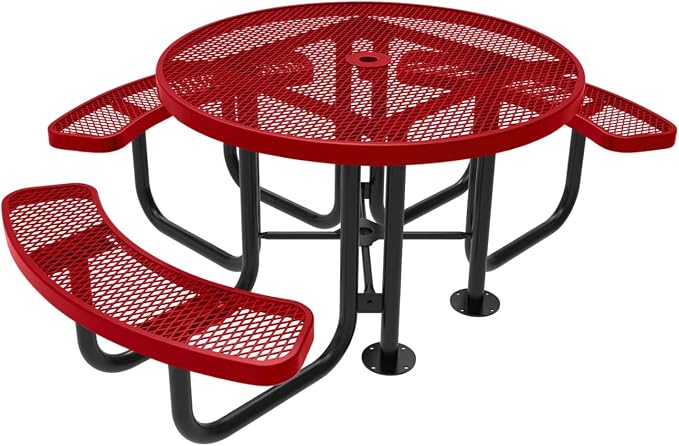 COATEDOUTDOORFURNITURE Heavy-Duty Portable Outdoor Picnic Table with Umbrella Hole, Expanded Metal Patio Dining Furniture Made in America (46" Round Top, Textured Red)