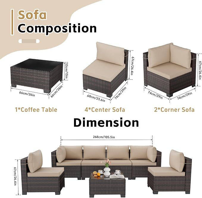 LAFWLL 7 Pieces Outdoor Patio Furniture Sets,Rattan Conversation Sectional Set,Manual Weaving Wicker Patio Sofa with Tea Table