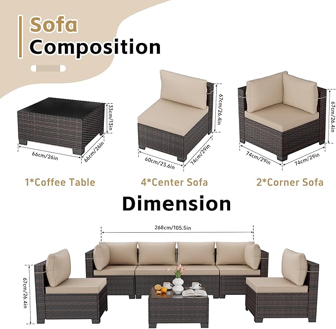CHABATREE 7-Piece Outdoor Patio Furniture Sets, Manual Weaving Rattan Conversation Sectional Sofa with Tempered Glass Coffee Table, All-Weather PE Wicker & Thick Cushions for Garden, Backyard, Porch