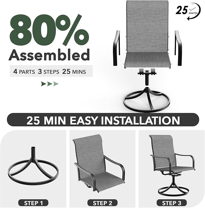 Anmutig Grey Textilene Outdoor Patio Swivel Rocker Chairs with 27.5" Brown Top Round Table Small Dining Set - Style2