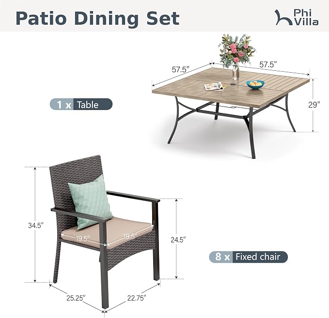 PHI VILLA 9 Pieces Patio Dining Set for 8, 57” Wood-Like Large Square Metal Steel Dining Table & Rattan Wicker Chairs with Cushions, Outdoor Dining Furniture for Deck, Yard, Porch
