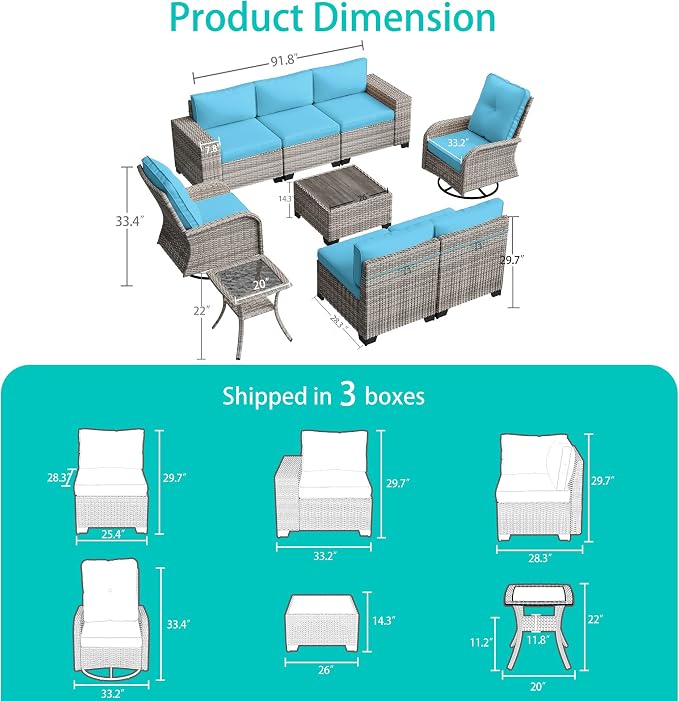 9-Piece Outdoor Patio Furniture Set with Rocking Swivel Chair Wicker Sectional Sofa Set, Patio Conversation Set with Thickened Cushions & Coffee Table for Garden, Backyard, Turquoise