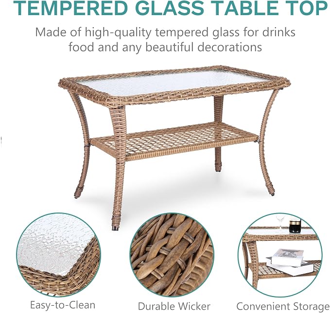 MEETWARM 7 Pieces Outdoor Wicker Patio Conversation Sets with Glider Loveseat, 4 Chairs with 2 Glass-Top Coffee Table Rocking Glider Set, Wicker Conversation Set with Thickened Cushions, Beige