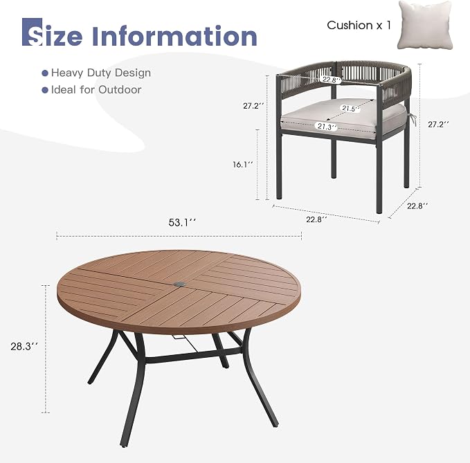 VICLLAX Patio Dining Set, 53.1" Walnut Table & 6 Chairs with Wheat Cushion | Outdoor Table and Chairs Set of Round Metal Patio Table, Outdoor Dining Chairs with Metal Frame, Garden Deck Porch