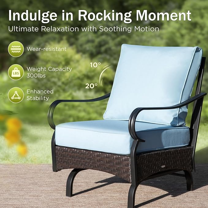 PHI VILLA Patio Furniture Set, Extra Large Wicker & Metal Outdoor Conversation Set Patio Sectional Sofa Set with Rocking Chair & Waterproof Thick Cushions for Porch, Poolside, Deck(7 Pieces, Blue)