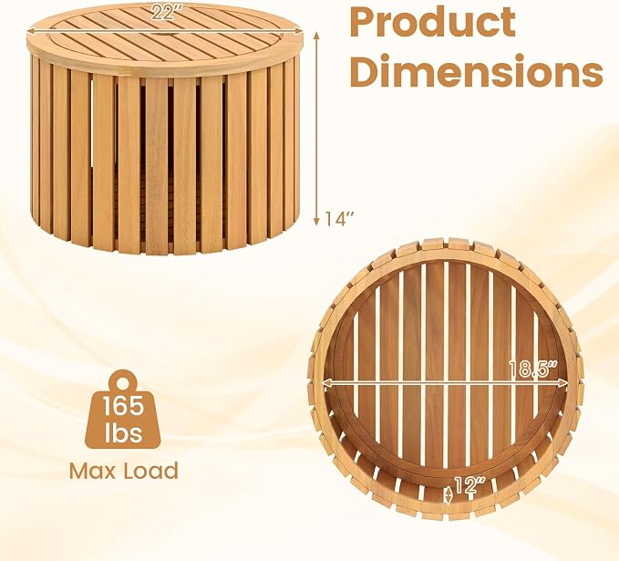 Tangkula 2-in-1 Outdoor Side Table with Storage, Acacia Wood Slatted Coffee Table with Umbrella Hole & Removable Base, Round Slatted End Storage Box for Backyard, Poolside