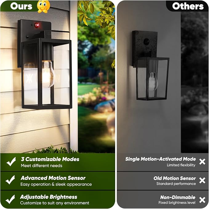 BesLowe 10.6" Upgraded Motion Sensor Outdoor Wall Light Fixture, Black | Auto ON/OFF, 3 Lighting Modes, Waterproof, Rust-Resistant, Durable Metal & Clear Glass, Standard E26 Sockets, Easy to Install