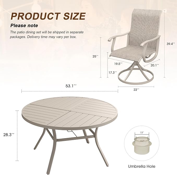 VICLLAX Patio 7 Pieces Outdoor Dining Set, 53" Round Metal Table with Umbrella Hole and 6 Swivel Textilene Chairs for Lawn, Garden, Porch, Sandshell