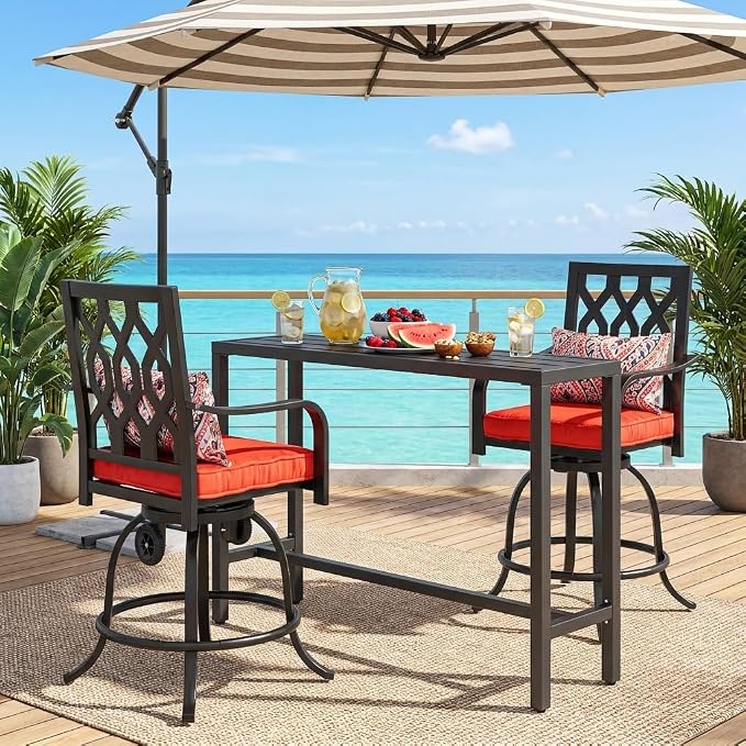 YITAHOME 55" Outdoor Bar Table with Wheels, Narrow Metal Patio Bar Height Table, Modern Rectangle Console Table for Balcony Garden Poolside, Black