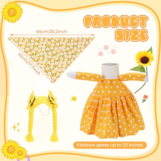 4pcs Sunflower Porch Goose Outfit for 23 Inch Geese Lawn | Summer Porch Goose Clothes with Polka Dot Dress Floral Bandana Yarn Braid Wig Sunflower Prop for Patio Yard Decor