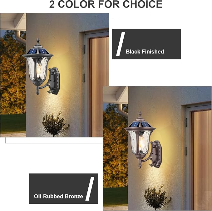 Outdoor Light Fixtures Wall Mount Dusk to Dawn Solar Exterior Wall Sconce Lanterns Remote Control with Water Ripple Glass Lamp Shade for Patio Yard House Hallway, 17'' Medium Black