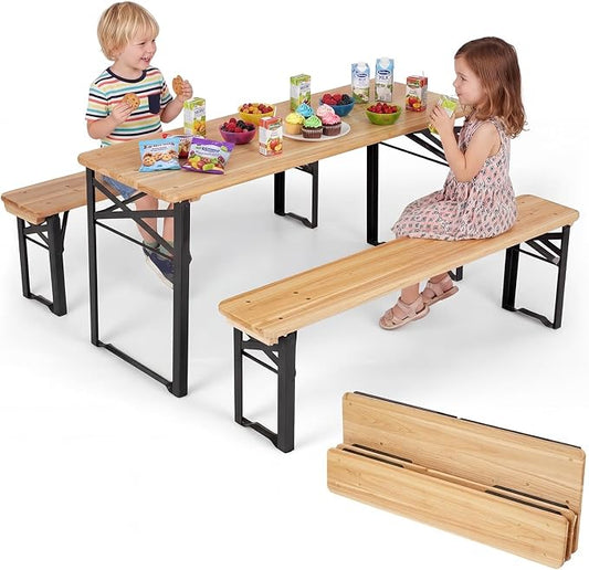 Costzon Kids Picnic Table, 43.5 Inch Folding Picnic Table with 2 Benches, Fir Wood Top & Metal Frame, No Assembly 3-Piece Portable Kids Indoor/Outdoor Furniture for Patio Backyard Daycare (Black)
